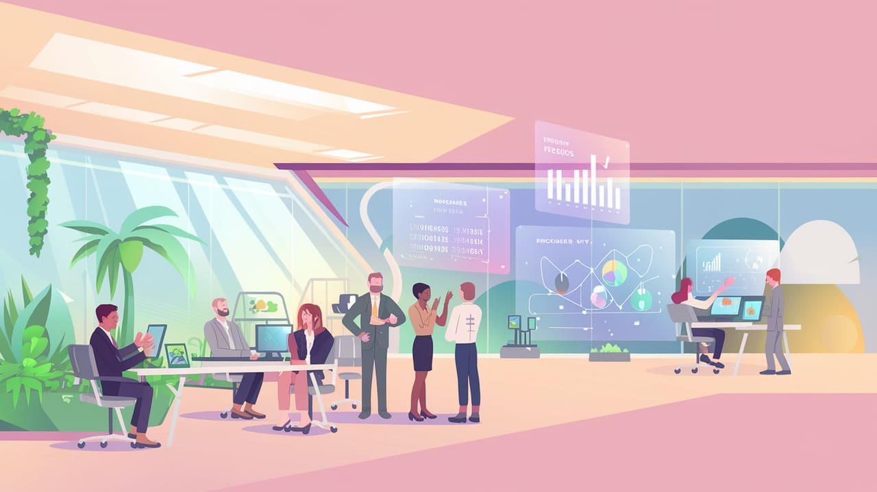 Futuristinen toimisto, jossa on ympäristöystävällistä teknologiaa, vehreää kasvillisuutta ja motivoituneita työntekijöitä, jotka työskentelevät yhdessä holografisten kestävän kehityksen mittareiden parissa