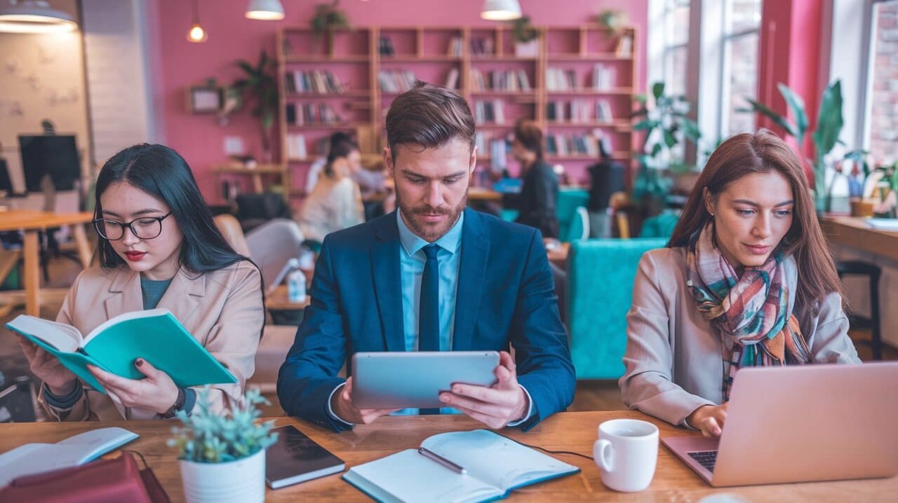 Kuvitus työntekijöistä itseohjautuvan oppimisen parissa digitaalisia työkaluja käyttäen, edistäen tiedon pohjalta rakentuvaa työpaikkakulttuuria.