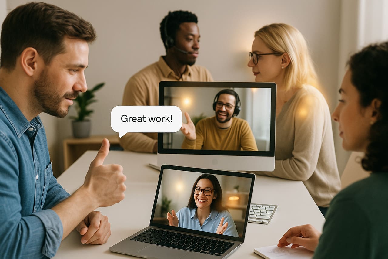 B2B-etämyyntitiimi tekee yhteistyötä näyttöjen välillä, ja yksi tiimin jäsen auttaa toista ja pehmeät kohokohdat symboloivat näkymätöntä panosta