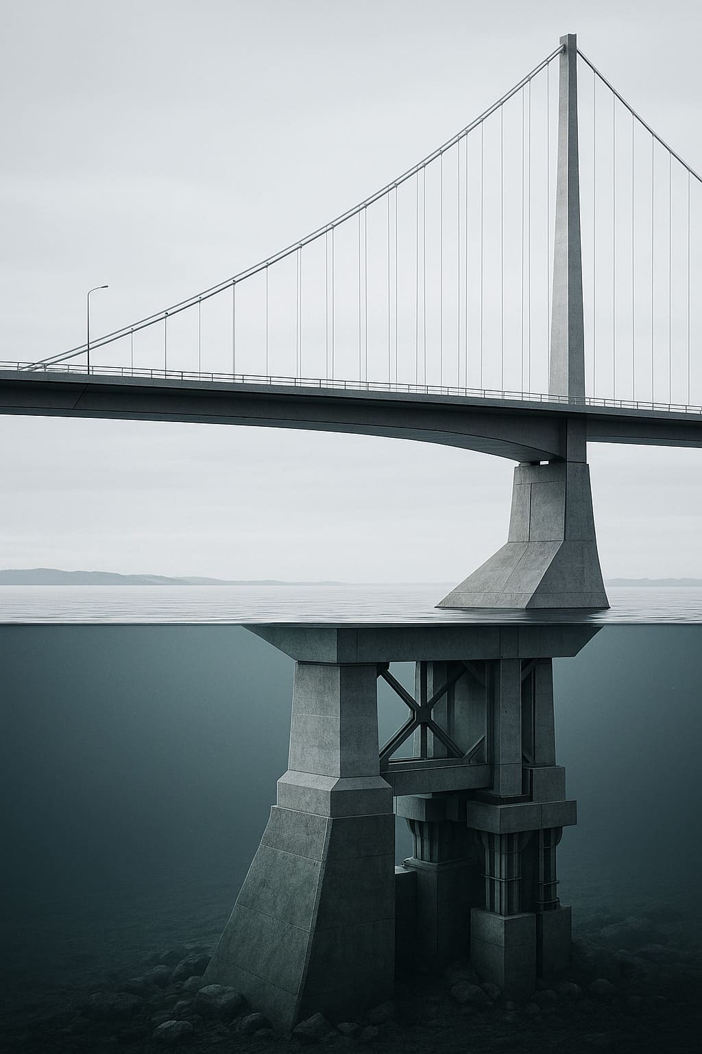 Arkkitehtoninen kaavio, joka näyttää vedenalaisen sillan massiiviset, näkymättömät perustukset ja symboloi sitä, kuinka näkymätön työ tukee organisaation näkyvää rakennetta.