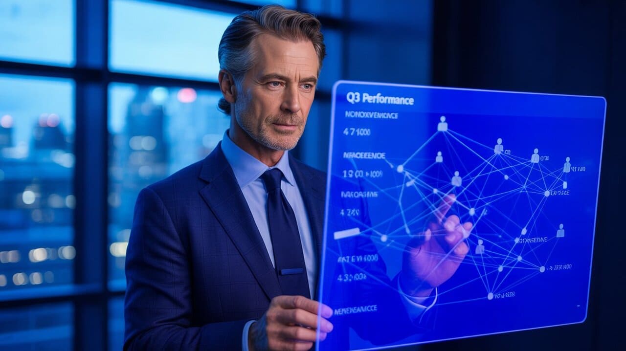 Toimitusjohtaja katselee läpinäkyvää näyttöä, joka näyttää yhteenliitetyt datapisteet työntekijöiden sitoutumisesta ja yrityksen kannattavuudesta