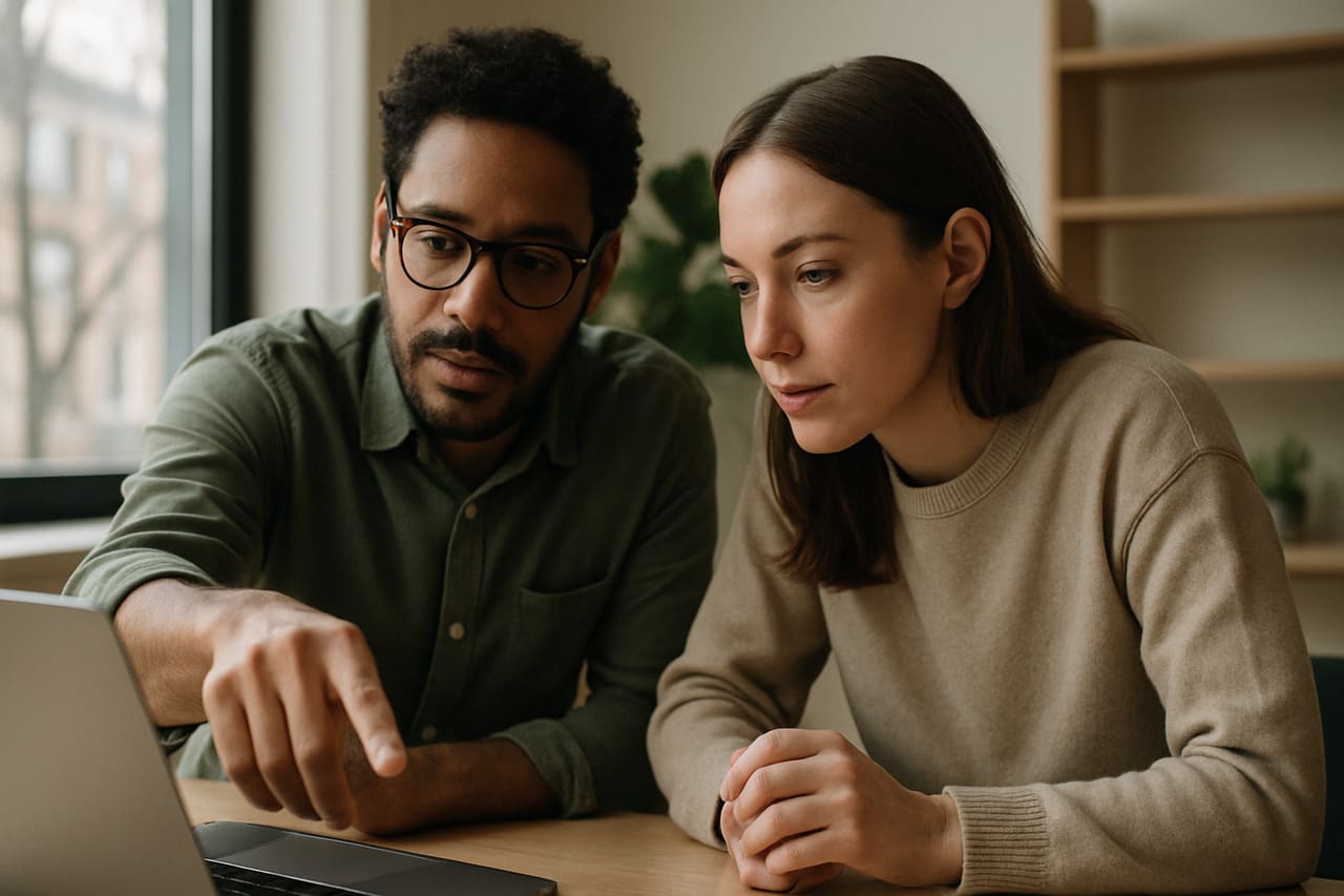 Luonnollisen kevyt valokuva, jossa kahden kollegan kädet kannettavan tietokoneen ääressä modernissa, minimalistisessa toimistossa osoittavat näyttöä hiljaisessa, tukevassa yhteistyössä.