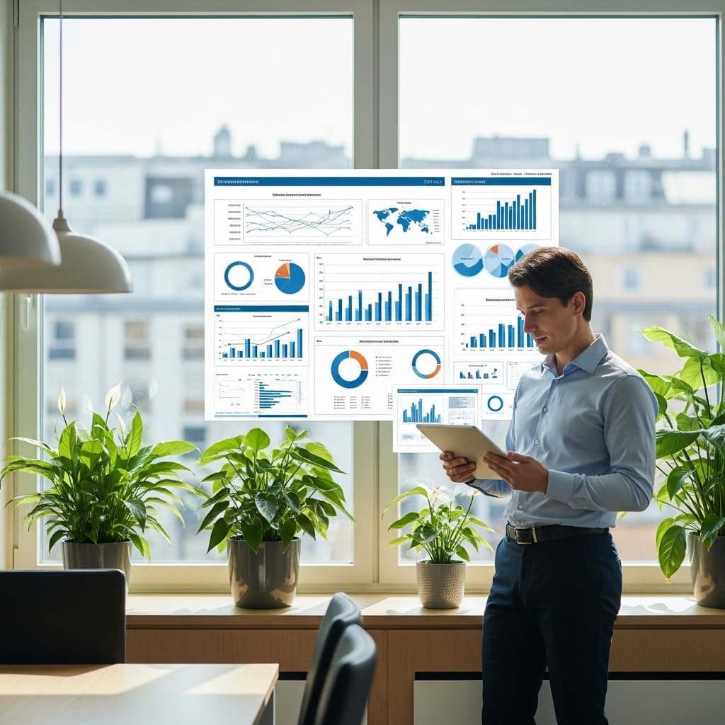 Strateginen HR - liikekumppani, joka esittelee datapohjaisia oivalluksia johtoryhmälle modernissa toimistoympäristössä
