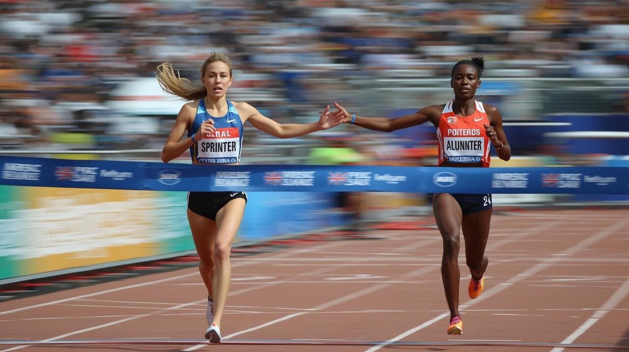 Juoksija, joka on merkitty "Sprinter", ylittää maaliviivan, kun taas toinen juoksija, joka on merkitty" Maratoonariksi", auttaa joukkuetoveriaan, mikä kuvaa erilaista voittoa.