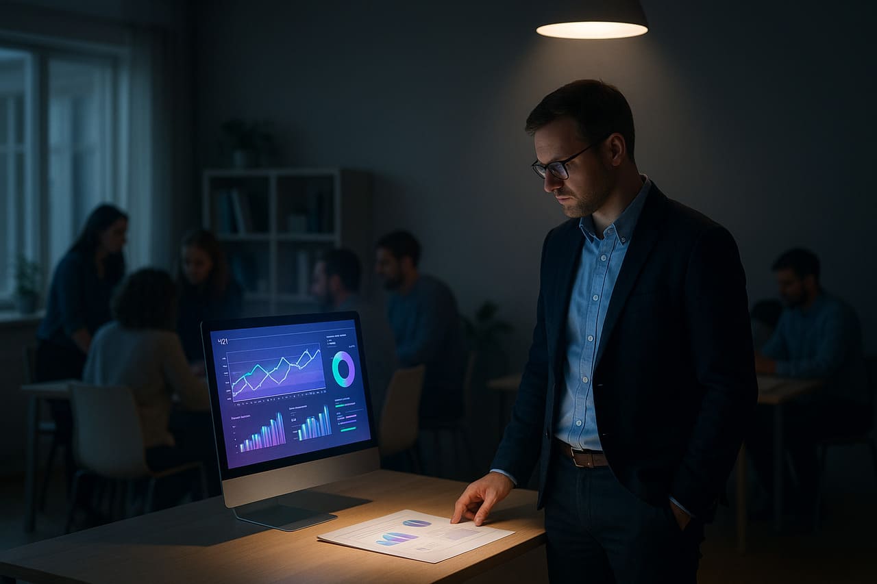 Infografiikka, jossa johtaja katsoo muodollista KPI-raporttia, kun taas heidän" sokeassa pisteessään " heidän takanaan tapahtuu todellista tiimityötä