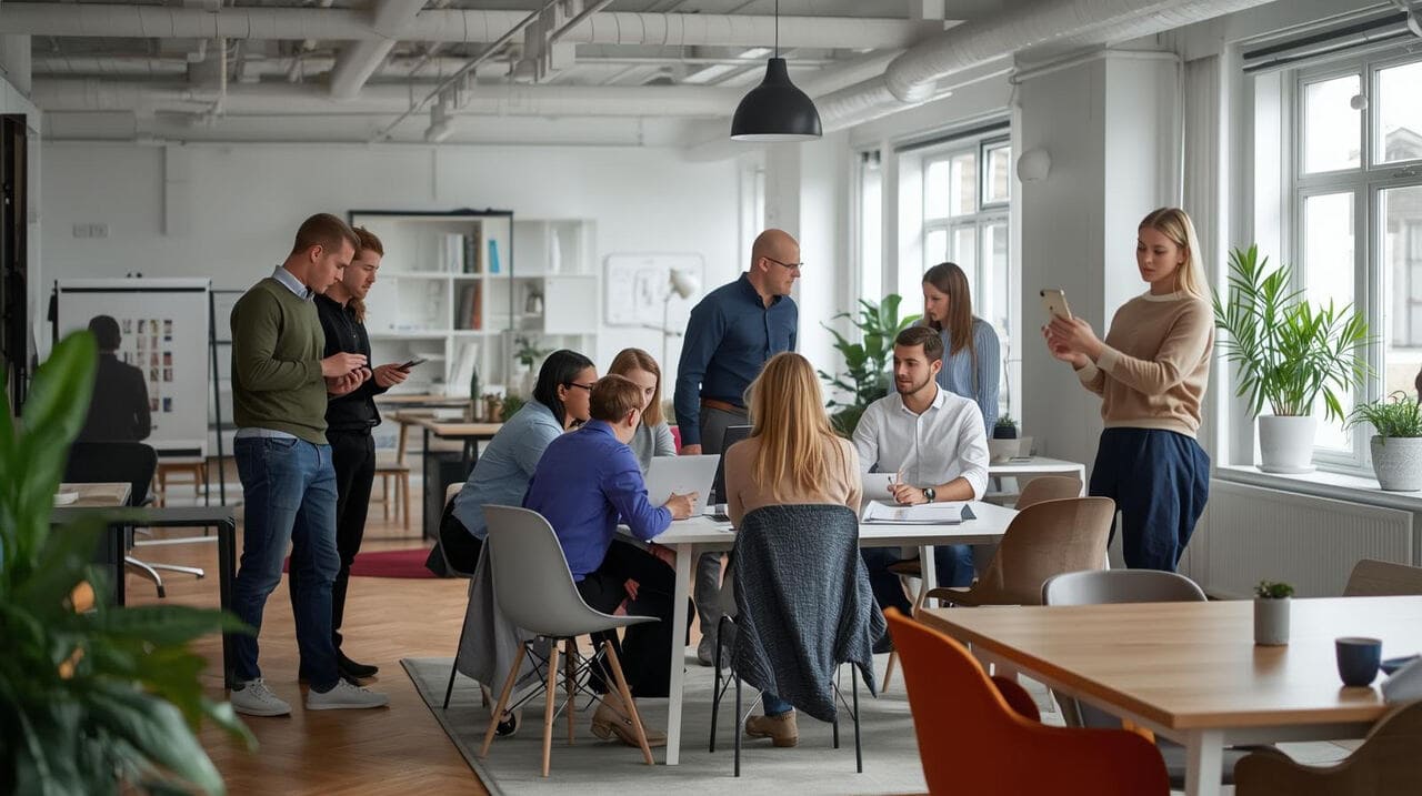 Infografiikka, joka näyttää yrityksen virallisen hierarkian dynaamisen, rinnakkaisen innovaatioyhteisöjen verkoston rinnalla, joka yhdistää eri osastot.