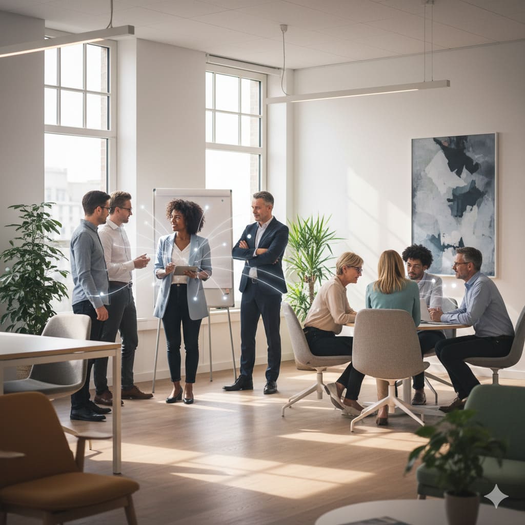 Infografiikka, joka näyttää virallisen organisaatiokaavion (johtaja ylhäällä) vs. todellinen ona-vaikutuskartta (ei-johtohenkilö kaikkien yhteyksien keskellä).