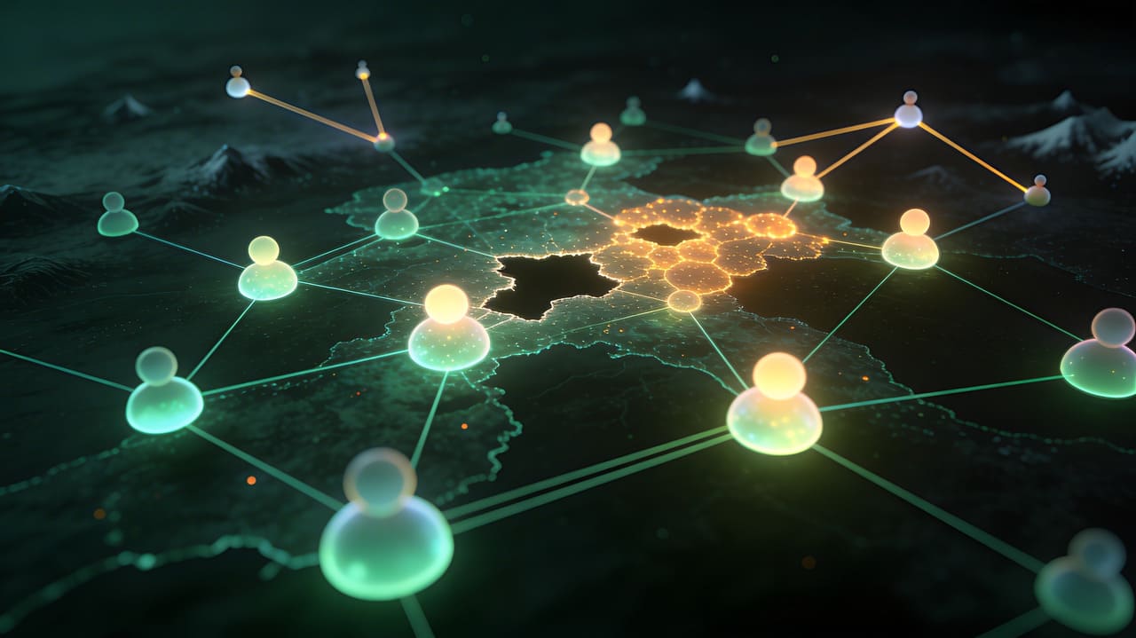 Dataan perustuva verkkovisualisointi, joka kuvaa valon tunnistussolmuja, jotka yhdistävät hajautetut työntekijät maantieteellisten etäisyyksien yli, ja gradienttitiheysklusterit, jotka kuvaavat korkean affektiivisen luottamuksen vyöhykkeitä ja rakenteellisia reikiä hybridiorganisaatiotopologiassa.