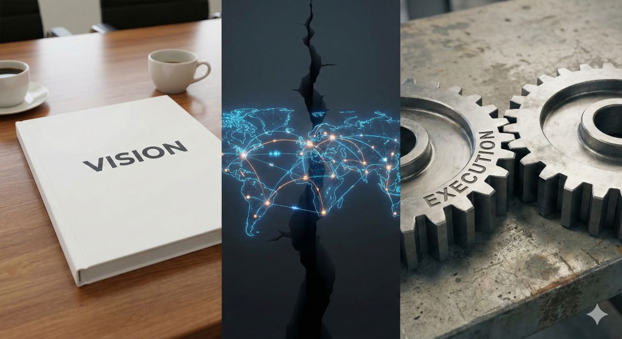 Minimalistinen jaetun kehyksen kuva: vasemmalla "visio" - merkitty terävä strateginen asiakirja istuu kokoushuoneen pöydällä; oikealla "toteutus" - merkityt lukittavat hammaspyörät istuvat tyhjäkäynnillä. Näiden kahden välillä dynaaminen verkkokartta-liikkeessä olevat solmut ja reunat — muodostaa sillan laajenevan kuilun yli.