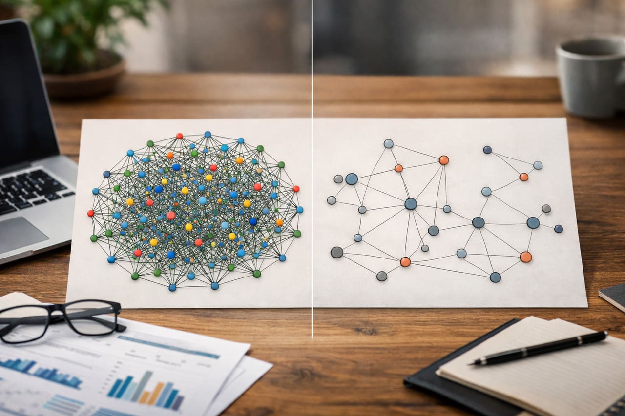 Vertaileva tietovisualisointi kahdesta organisaation verkkokaaviosta-toinen näyttää terveen, tiheästi kytketyn irtisanomista edeltävän verkon ja toinen hajanaisen lomautuksen jälkeisen verkon, jossa on rakenteellisia aukkoja ja eristettyjä solmuja-havainnollistaa "inhimillisen alijäämän" käsitettä pienemmissä organisaatioissa.