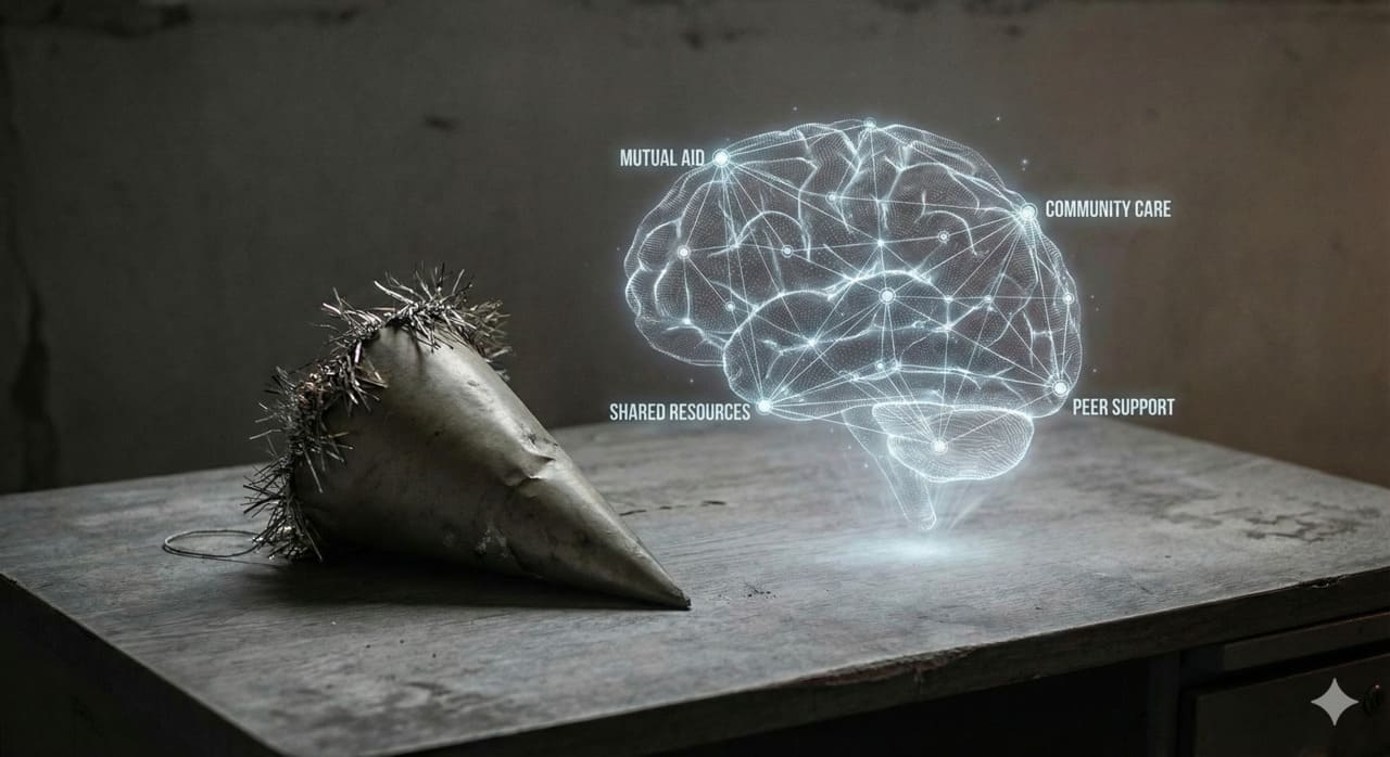 Korkean kontrastin koostumus: hylätty, haalistunut juhlahattu tyydyttymättömällä työpöytäpinnalla valoisan, vähän peittävän ona-verkkokartan vieressä, joka sykkii aitoja vertaistukiyhteyksiä-visualisoimalla siirtymistä performatiivisesta kulttuurista rakenteelliseen hoitoon.