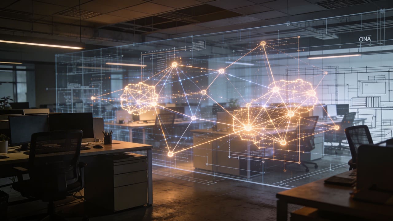 Kerroksellinen koostumus, jossa perinteinen arkkitehtoninen suunnitelma vetäytyy läpinäkyvyyteen, ja sitä peittää valoisa ona-verkkokartta, jonka poikkitoiminnalliset "heikot siteet"—yhteydet sykkivät osastojen klustereiden välillä-edustavat siirtymistä fyysisen kulttuurin arkkitehtuurista tietopohjaiseen verkkotekniikkaan.