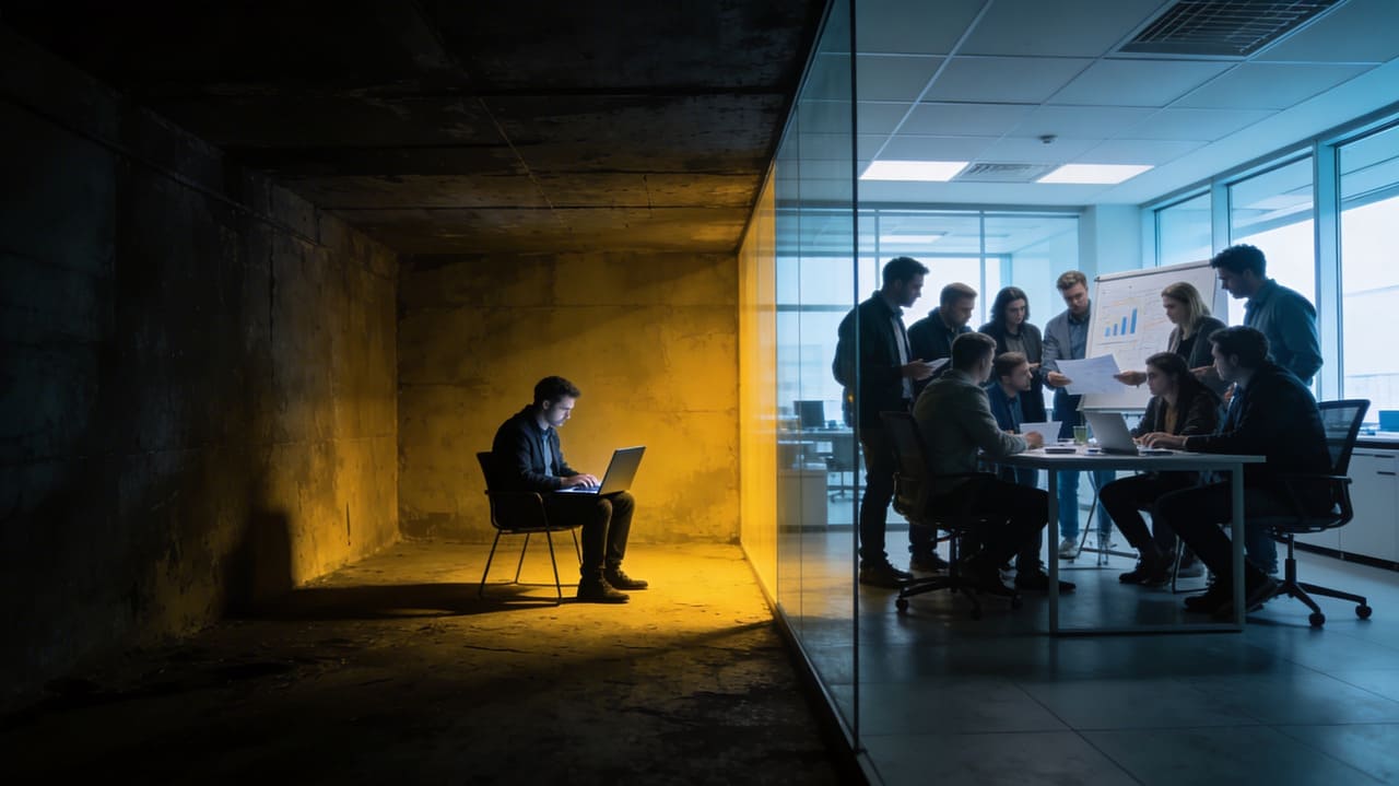 Korkean kontrastin verkkotopologian visualisointi, jossa yksittäinen perifeerinen solmu pulssi meripihkavaroitussaturaatiossa, rakenteellisesti irrotettuna ympäröivistä suuritiheyksisistä klustereista-mikä edustaa mitattavissa olevaa operatiivista riskiä työntekijöiden eristymisestä hybridiorganisaatioverkostossa.