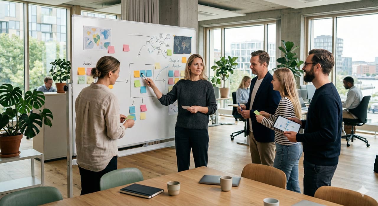 Kerroksellinen verkkokoostumus, joka on renderöity sinivihreiksi ja valkoisiksi yhteenliitetyiksi solmuiksi, jotka on järjestetty kolmeen samankeskiseen renkaaseen, jotka edustavat erilaisia organisatorisia toimintoja ja joiden välillä kulkee läpikuultavia reittejä. Puhdasta, rakenteellista, toimituksellista minimalismia.