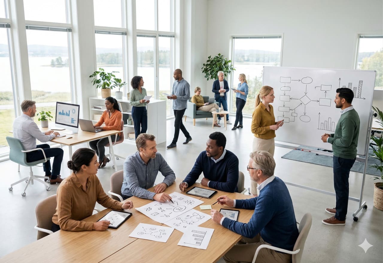 Koostumus läpikuultavista organisaatiokerroksista, jotka on renderöity syväksi sinivihreäksi ja joiden valopisteet ovat hajallaan-toiset kirkkaita ja yhdistettyjä, toiset himmeitä ja eristettyjä — edustaen innovaatiopääomaa valona, joka on upotettu arkkitehtuuriin. Puhdas, toimituksellinen, Pohjoismainen minimalistinen.