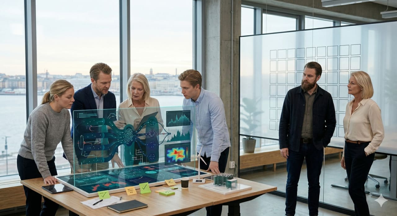 Jaetun kehyksen koostumus: vasemmalla puolella näkyy tiheä aktiivisuus toisiinsa yhteydessä olevat solmut, signaalit, liike - kun taas oikealla puolella näkyy puhdas mutta tyhjä operatiivinen ruudukko, joka symboloi rakenteellista eroa innovaatiotoiminnan ja operatiivisen integraation välillä. Tumma laivastonsinisestä sinivihreään kaltevuus.