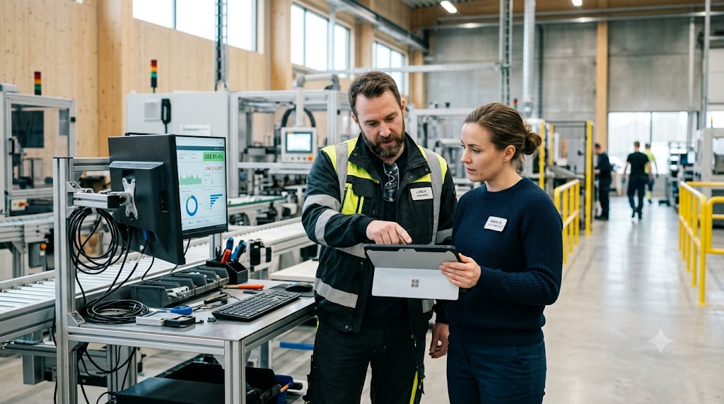 Syvän sinivihreän kerrostettu koostumus osoittaa tehdasympäristön, jossa yläpuolinen digitaalinen IT-maailma ja alla oleva operatiivinen ot — myymälämaailma on yhdistetty valaisevilla siltakanavilla-jotkut kuljettavat validoituja innovaatioita kuilun yli, toiset, joissa aukko pysyy siltamattomana ja lentäjät pysähtyvät. Puhdasta, rakenteellista, pohjoismaista toimituksellista minimalismia.