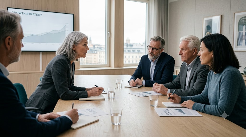 Kerrostettu koostumus syvänvihreässä, joka näyttää kokoushuonetason kojelaudan, jossa perinteiset jäljessä olevat mittarit istuvat uusien innovatiivisten johtavien indikaattoreiden rinnalla — paljastaen liikkeen organisaation läpi, jonka vakioraportointi jättää pimeäksi. Puhdasta, rakenteellista, pohjoismaista toimituksellista minimalismia.