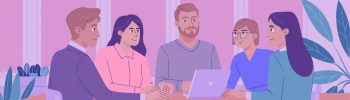 Illustration of a diverse team collaborating in a modern office environment, representing employer branding strategies for 2025