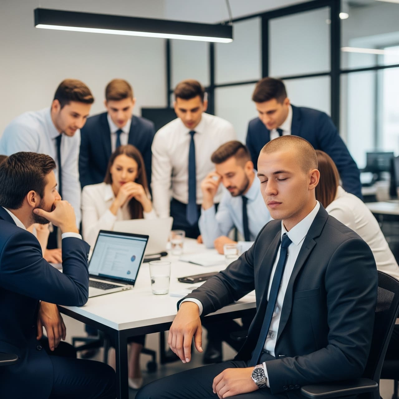 Sales team under pressure in modern office — one person quietly disengaging while others focus on performance metrics.