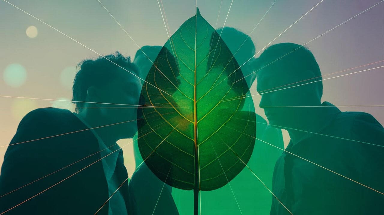An illustration showing a stylized 'S' from the ESG acronym, composed of diverse and engaged employees collaborating