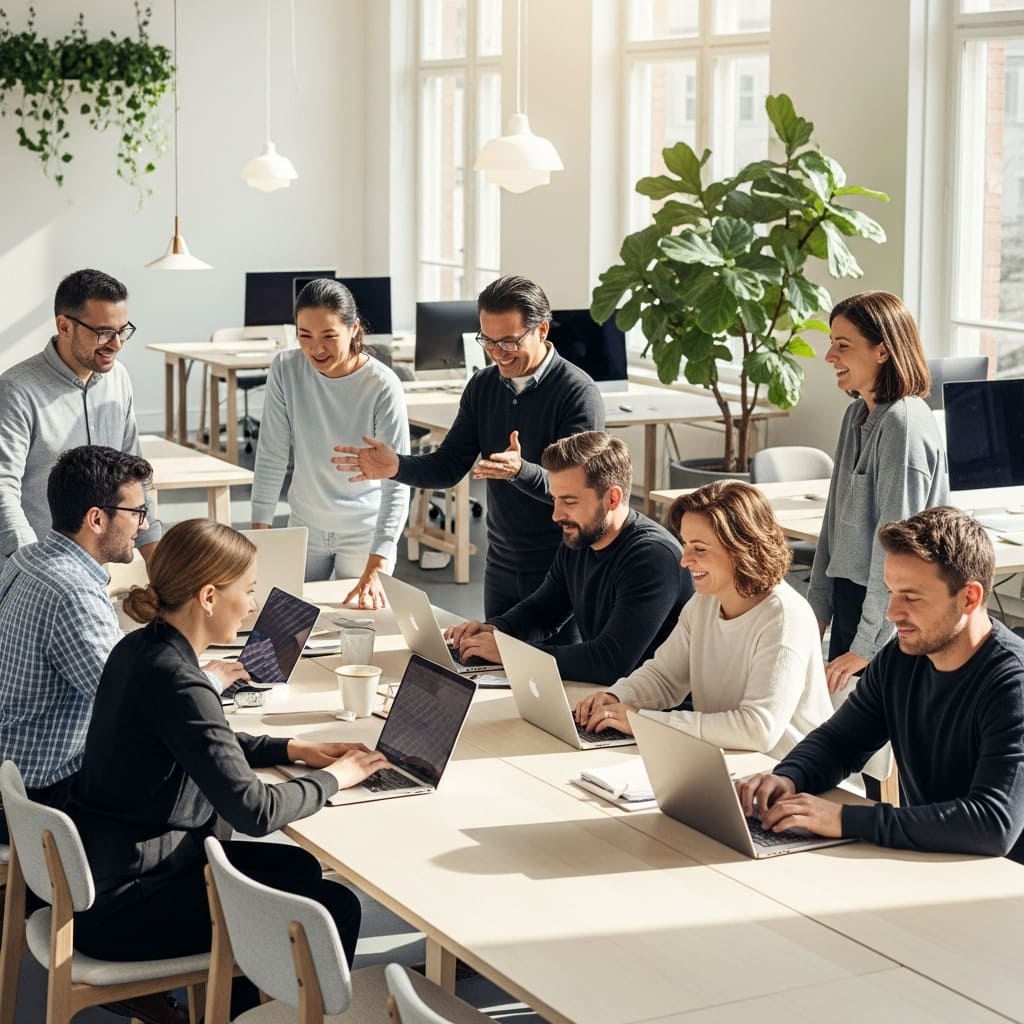 A diverse team collaborating effectively in a modern, trust-based hybrid work environment