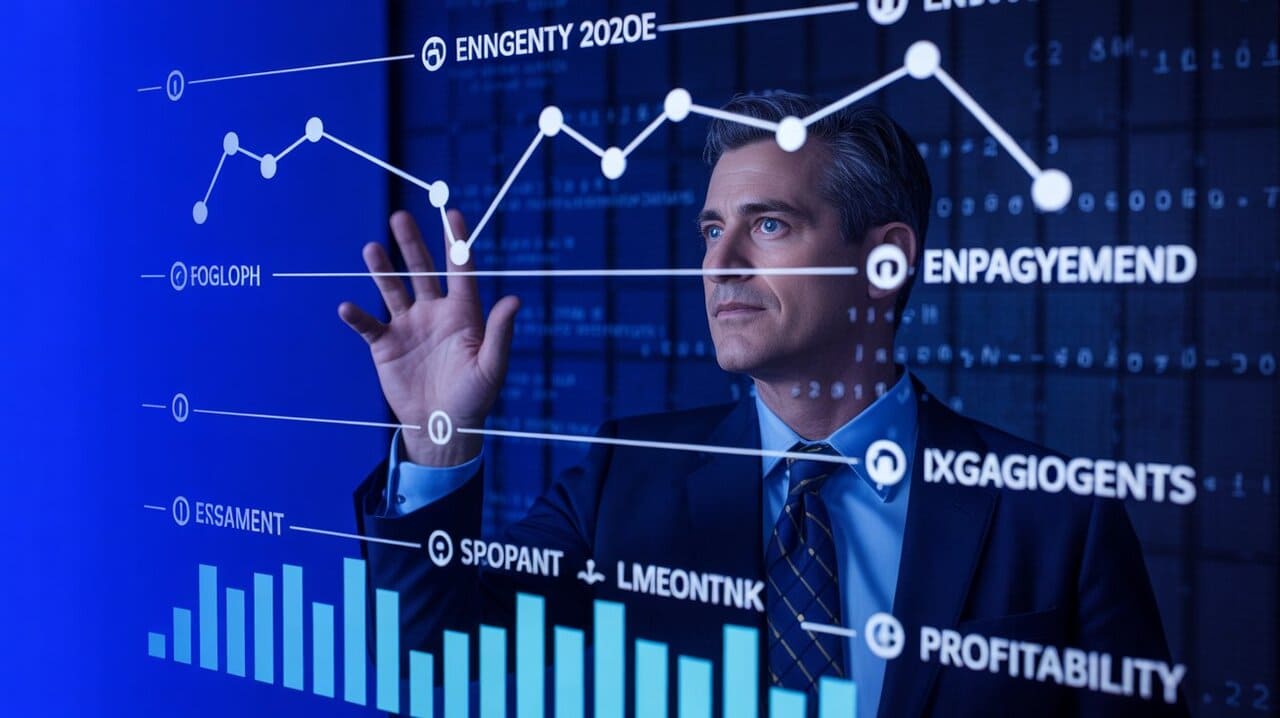 Digital illustration of a balance scale: on one side is a heavy weight labeled "Manual Control," on the other is a light feather labeled "Automated Nudges," balancing perfectly. Background shows a dashboard with engagement metrics