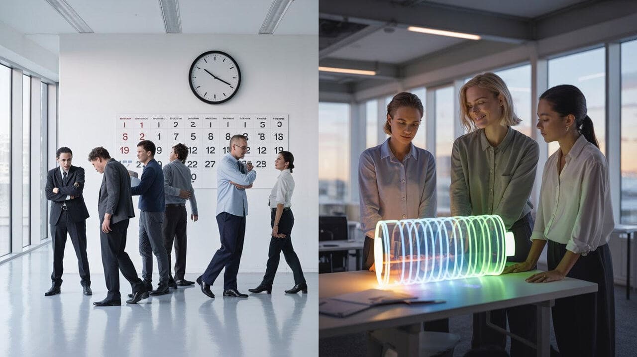 A split-screen comparison showing a traditional clock calendar on one side and a battery energy level indicator on the other, symbolizing the shift from time to energy management