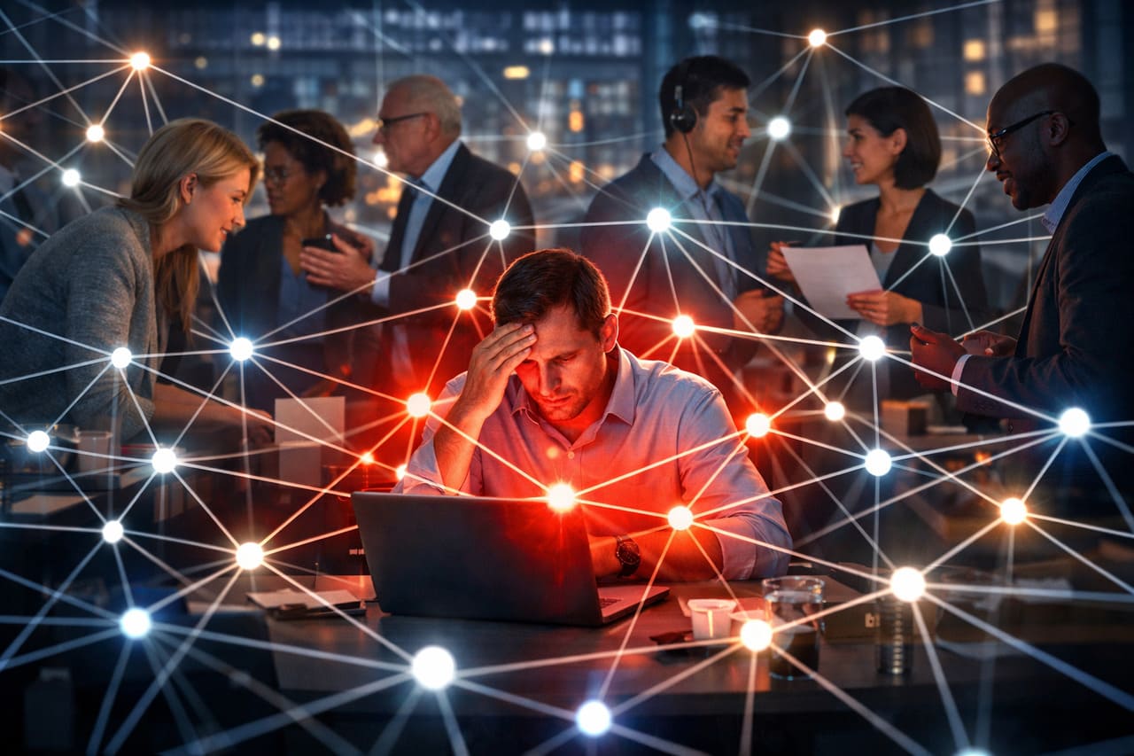 Visual representation of Collaborative Overload: A single employee node glowing red due to excessive connections within a corporate network map