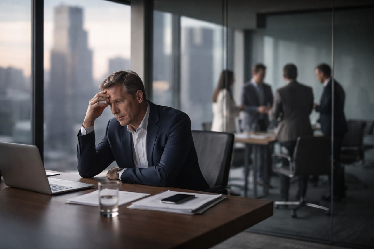 A minimalist visualization of a corporate hierarchy where the top node is isolated from the network, symbolizing executive loneliness and lack of feedback.