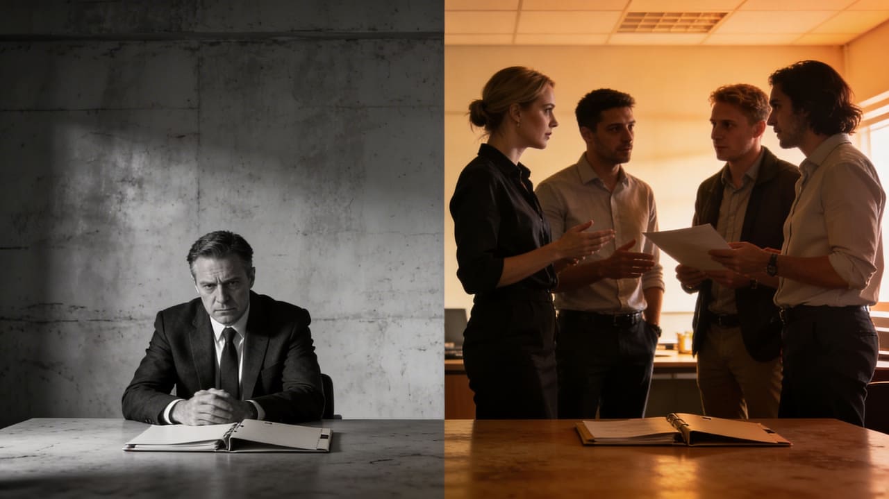 A split-screen composition: left register shows a conventional project management checklist with unchecked items in low saturation; right register shows a luminous ONA network map with high-centrality "Change Agent" nodes pulsing in warm accent colour—representing the shift from mechanical change management to network-aware transformation leadership.