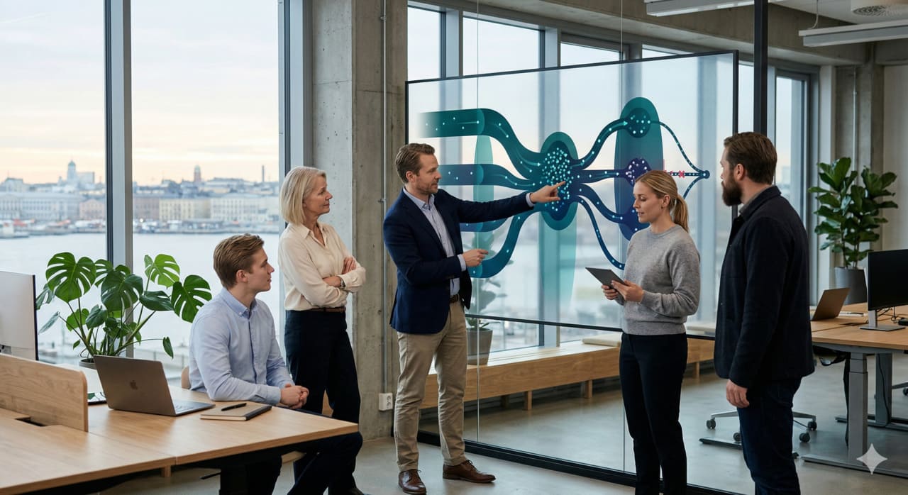 A layered flow diagram rendered in dark teal gradients - three distinct zones connected by translucent pathways, some flowing smoothly, others interrupted - representing the three stages of innovation movement inside organisations. Clean data-driven aesthetic, Nordic minimalist style.