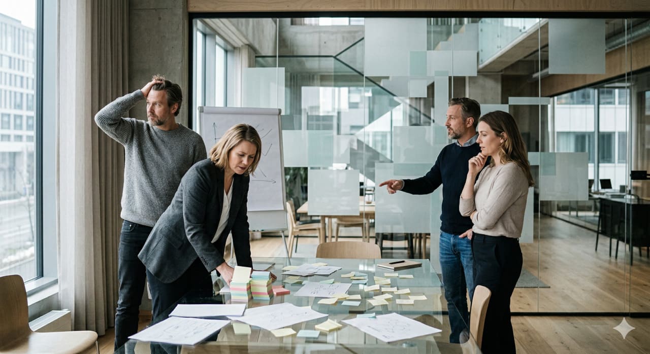 An abstract architectural composition of translucent glass panels arranged in overlapping layers — some aligned, some misplaced — representing the fragile process of turning individual ideas into shared organisational knowledge. Muted teal and warm grey tones. Nordic minimalist aesthetic.