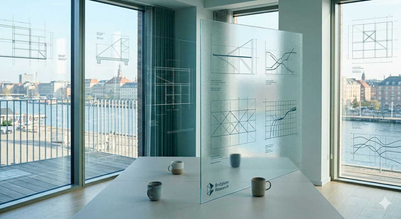 A composition of translucent architectural blueprints layered over a quiet operational landscape, rendered in deep teal and white — suggesting a diagnostic lens applied before construction begins. Editorial, minimal, Nordic aesthetic.