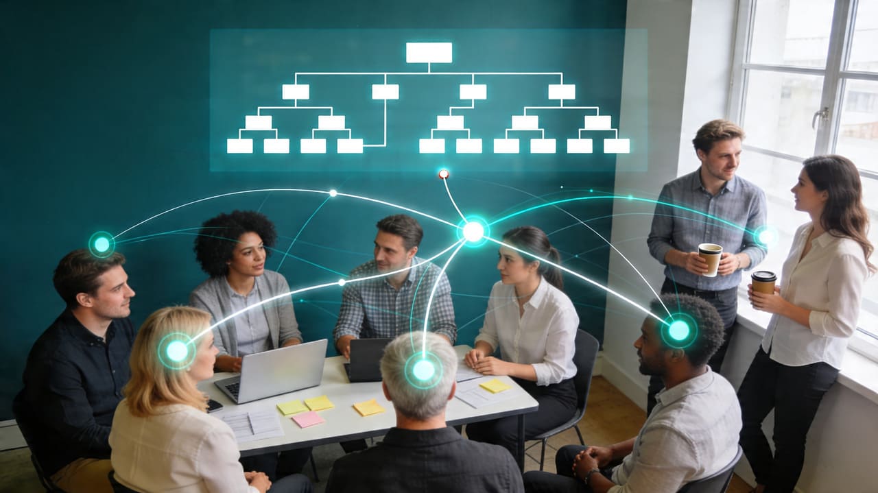 A layered composition showing a crisp hierarchical org chart above, with a translucent network of organic connection lines flowing beneath it — the two structures partially overlapping but rarely aligning. Deep teal and white, editorial minimalism.