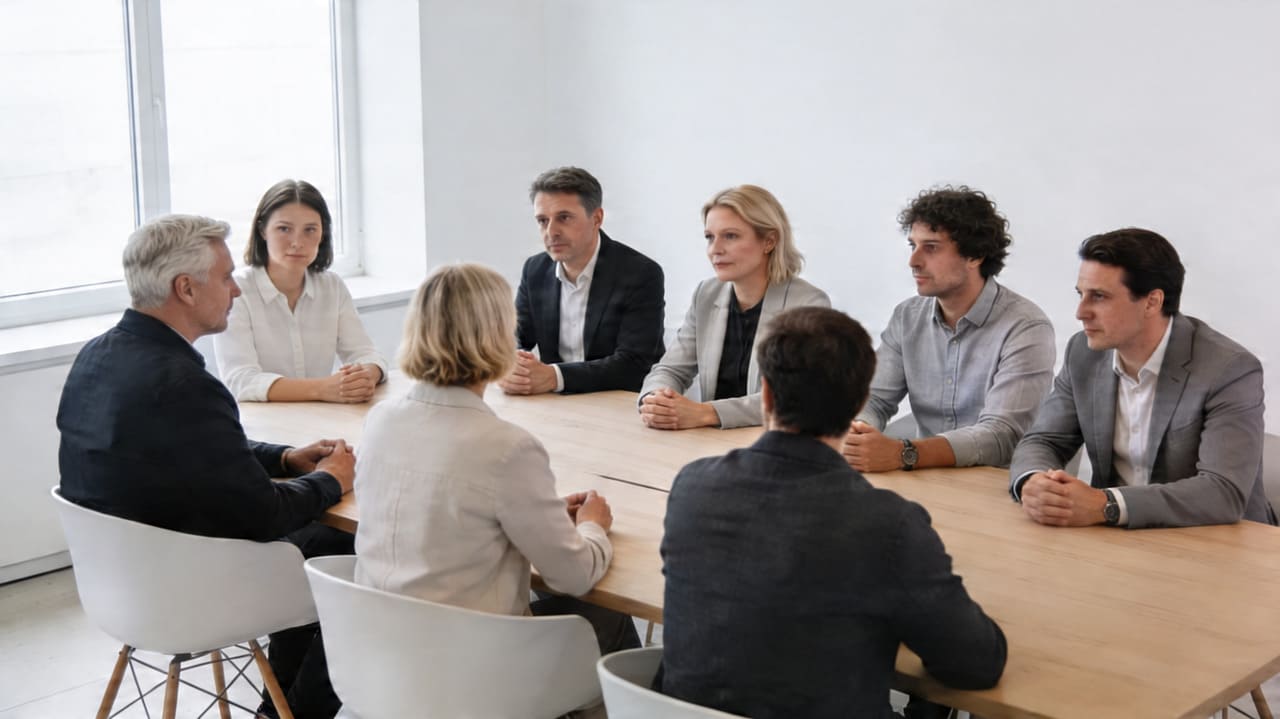 A composition of translucent overlapping layers in deep teal and pale white — suggesting depth, consensus, and collective understanding — with subtle flow lines running between them. Editorial Nordic minimalism, evoking institutional trust and quiet structure.