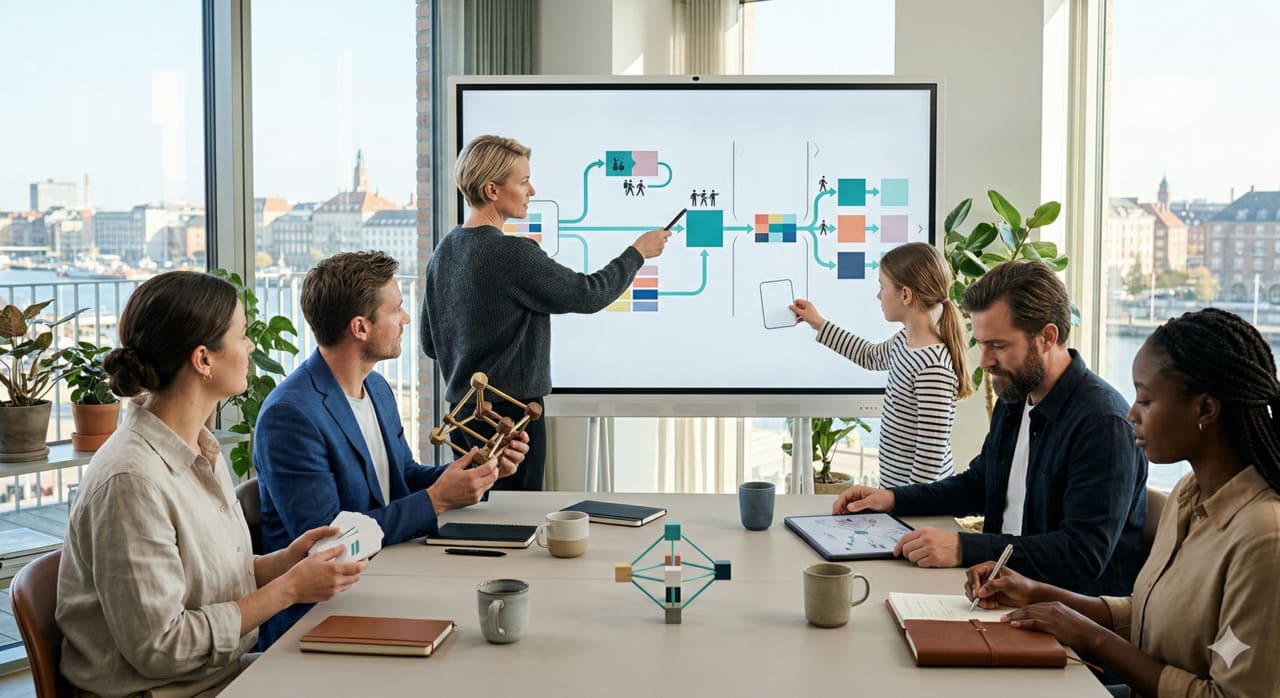 A split visualisation: on one side, a dense field of traditional business dashboards with bright numbers and charts; on the other, a quieter composition of flow lines and transition points rendered in teal. The contrast illustrates the difference between activity metrics and movement metrics.