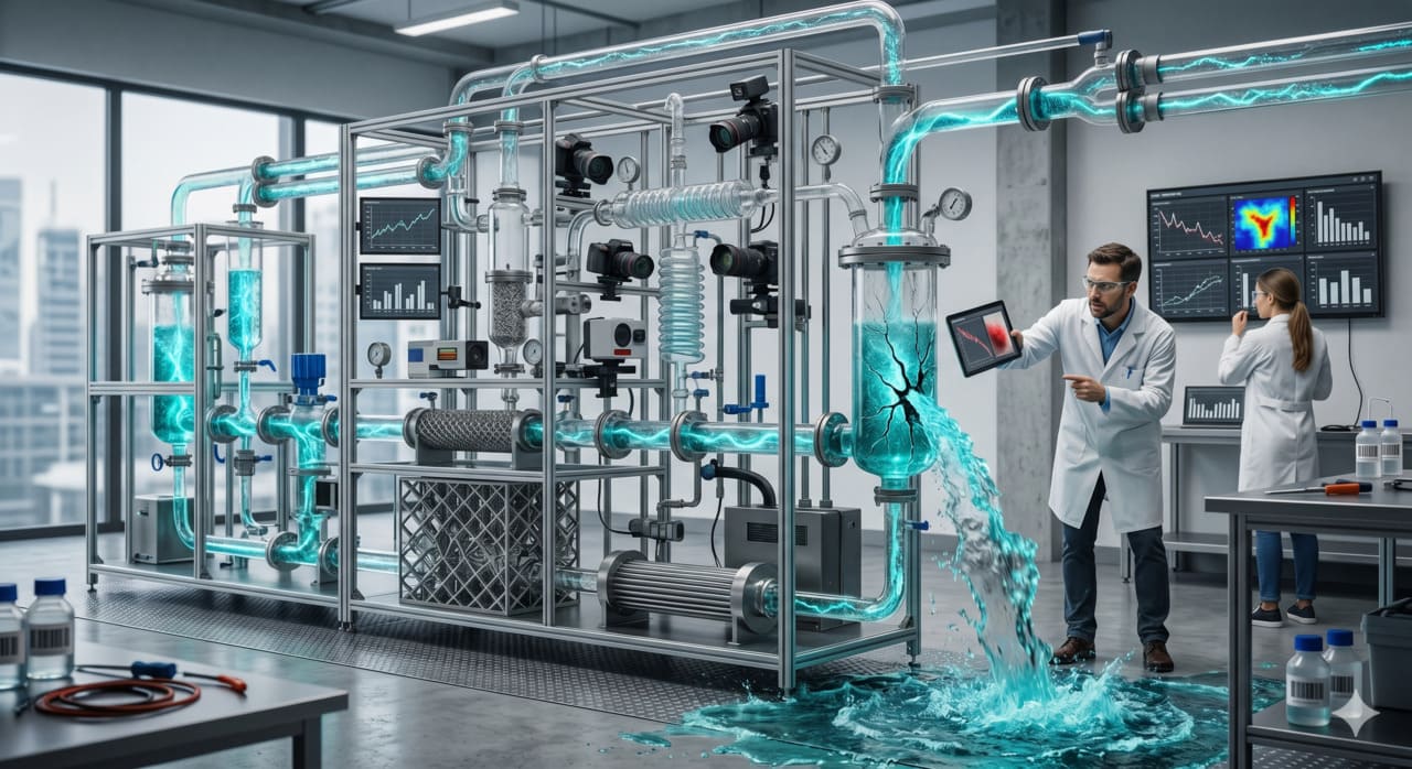 A layered flow diagram rendered in dark teal gradients — three distinct zones connected by translucent pathways, some flowing smoothly, others interrupted — representing the three stages of innovation movement inside organisations. Clean data-driven aesthetic, Nordic minimalist style.