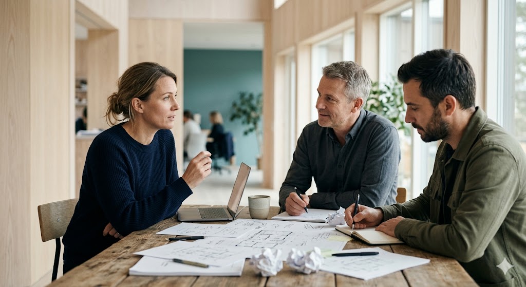 A natural documentary-style photograph of three colleagues in a modern Nordic office, mid-conversation around a table with sketches and notes. The framing emphasises attentive listening and quiet acknowledgement rather than ceremony. Diffused natural light from windows behind them; minimalist pale wood and white interior, with a single muted teal accent in the background, fully out of focus. Realistic colour palette of warm neutrals. The visual register is contemplative and collaborative, capturing the moment of peer acknowledgement embedded inside ordinary working time, not a separate event from it.