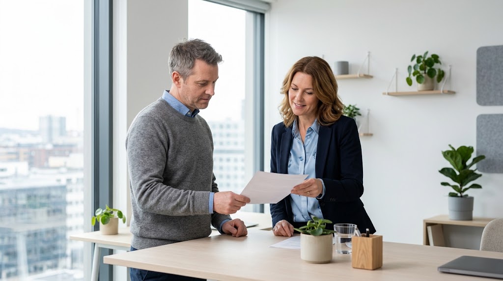 An innovation manager and an operations manager reviewing an implementation plan together at a desk in a Nordic industrial office.