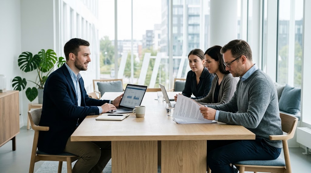 A founder presenting to three corporate managers across a meeting table in a bright Nordic office, one of them reading a printed document rather than the slides.