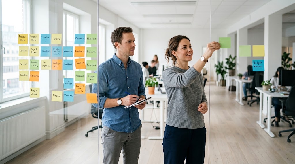 Two managers in a bright Nordic office moving cards on a wall, most of them grouped to one side and a few pulled out separately.