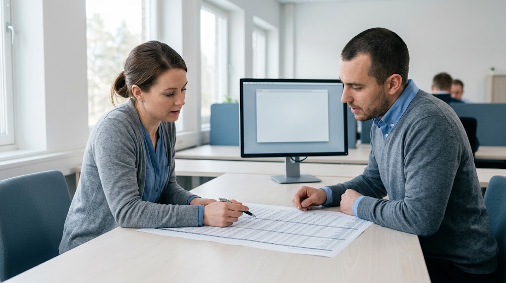 A team working from a printed spreadsheet on a desk while an unopened new application sits on the screen behind them.