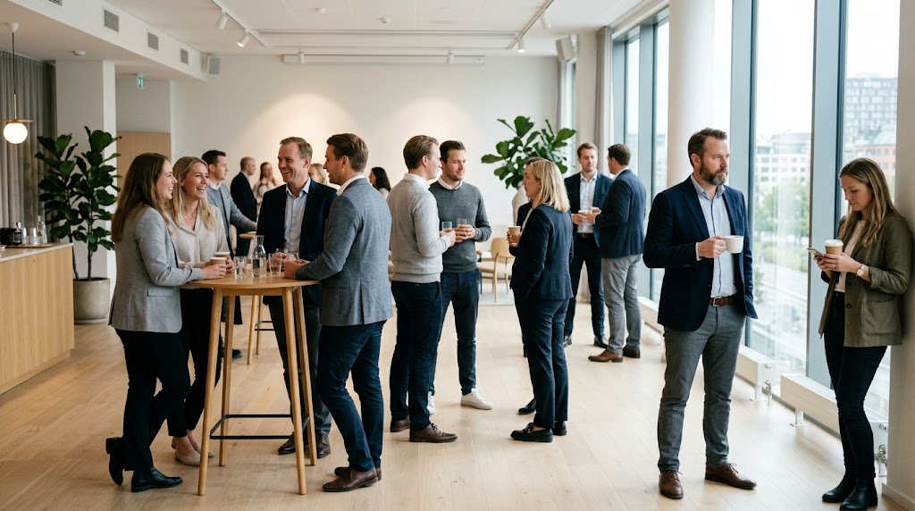 People talking in small groups at an informal industry event in a bright Nordic venue, with several individuals standing outside the groups.