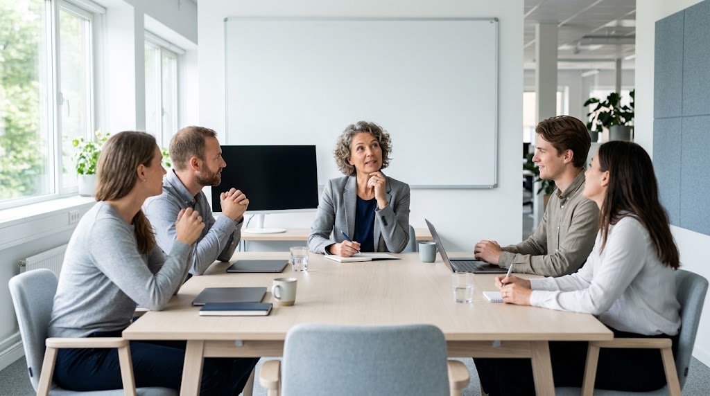 A project kickoff meeting where one participant is trying to recall an earlier attempt while the others wait.