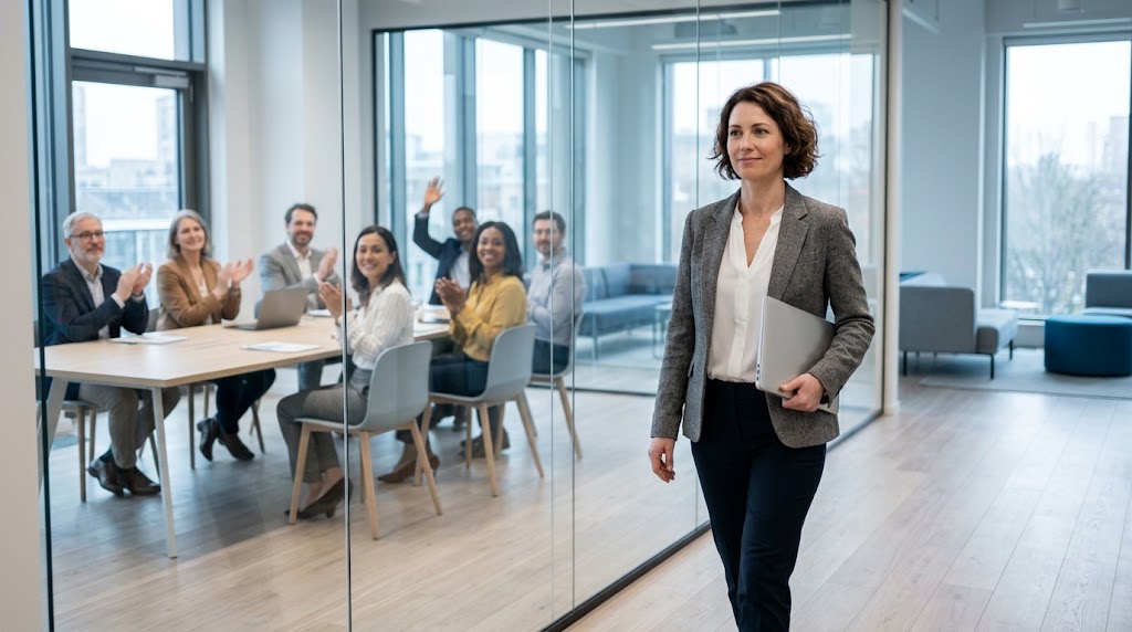 An innovation lead leaving a well-attended meeting room while the annual planning round happens elsewhere without her.