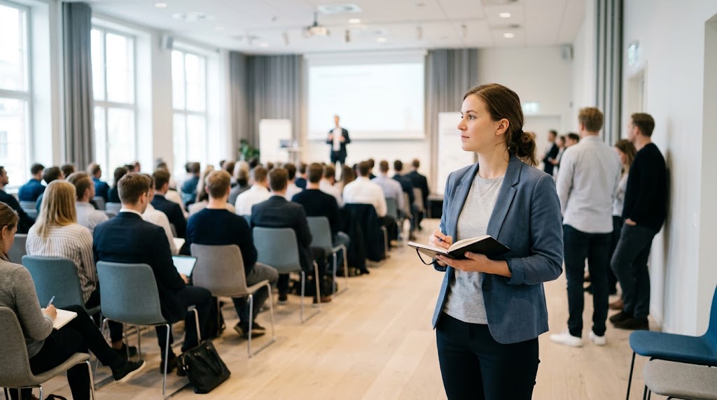 A crowded startup pitch event seen from the back of the room, with one corporate scout taking notes alone.
