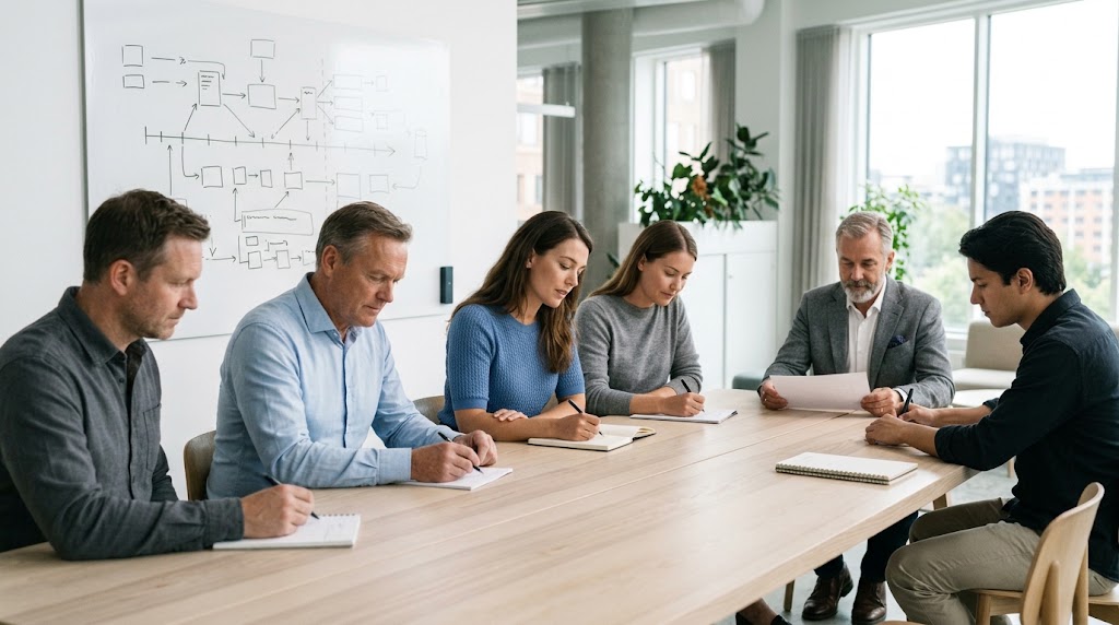 A team meeting where one person has stopped partway through a sentence and the others are looking at their notes.