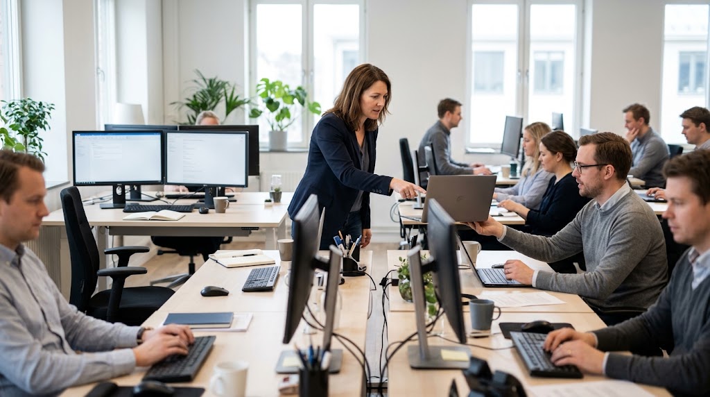 A woman standing between two desk clusters in an open office, pointing at a laptop held by a colleague from the other team.