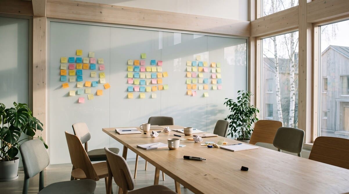 A meeting room after a workshop, with sticky notes still on the wall and the chairs empty.